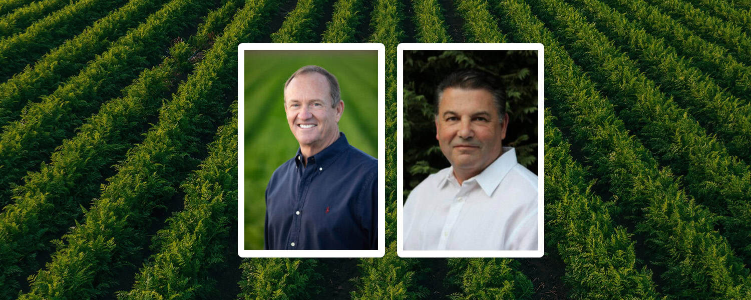 Two men’s portraits over lush green farmland